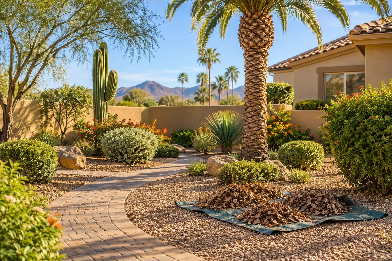 Yard Cleanup items and equipment in an Arizona residential setting