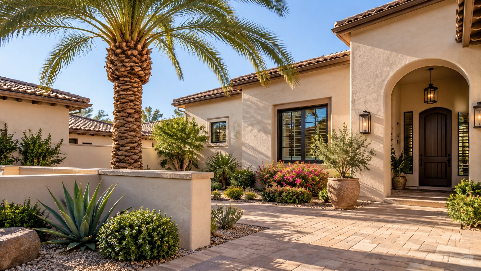 Clean Arizona courtyard with desert landscaping and a stucco home