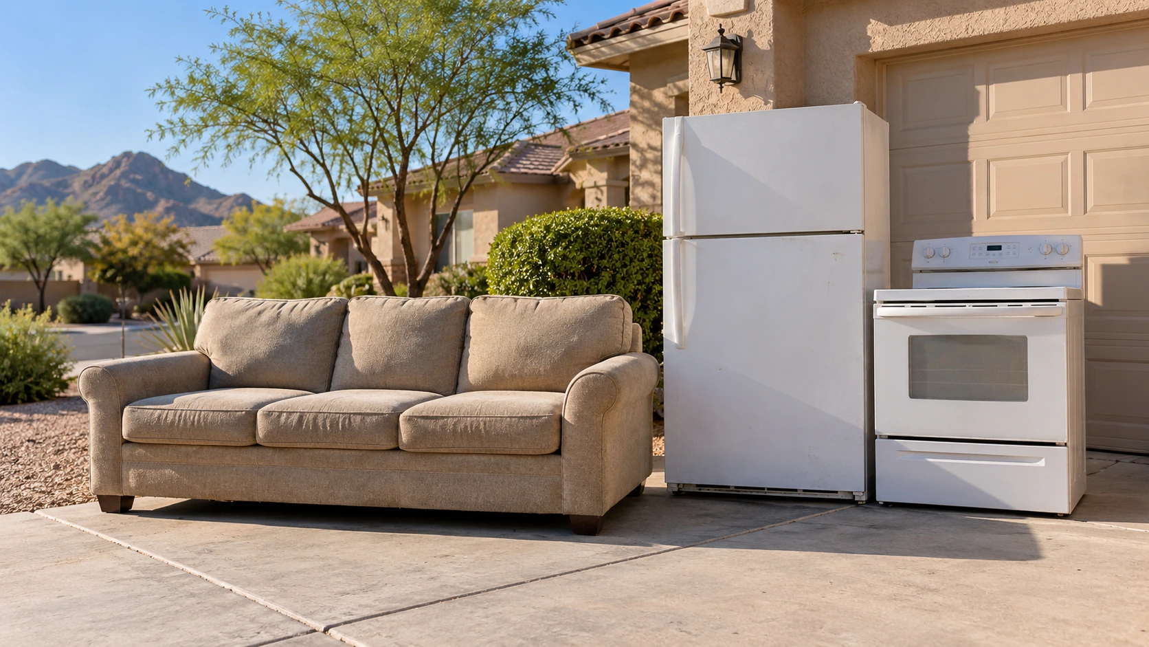 Furniture and appliances staged on an Arizona driveway without people