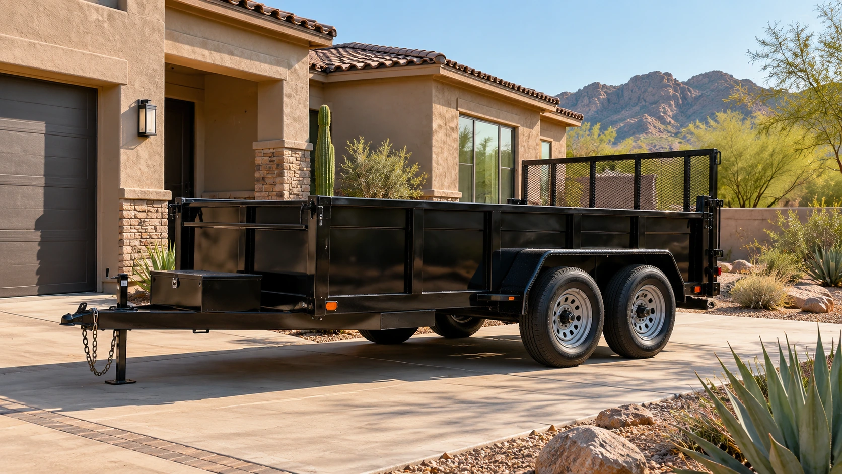 Black hauling trailer parked at an Arizona home with desert landscaping